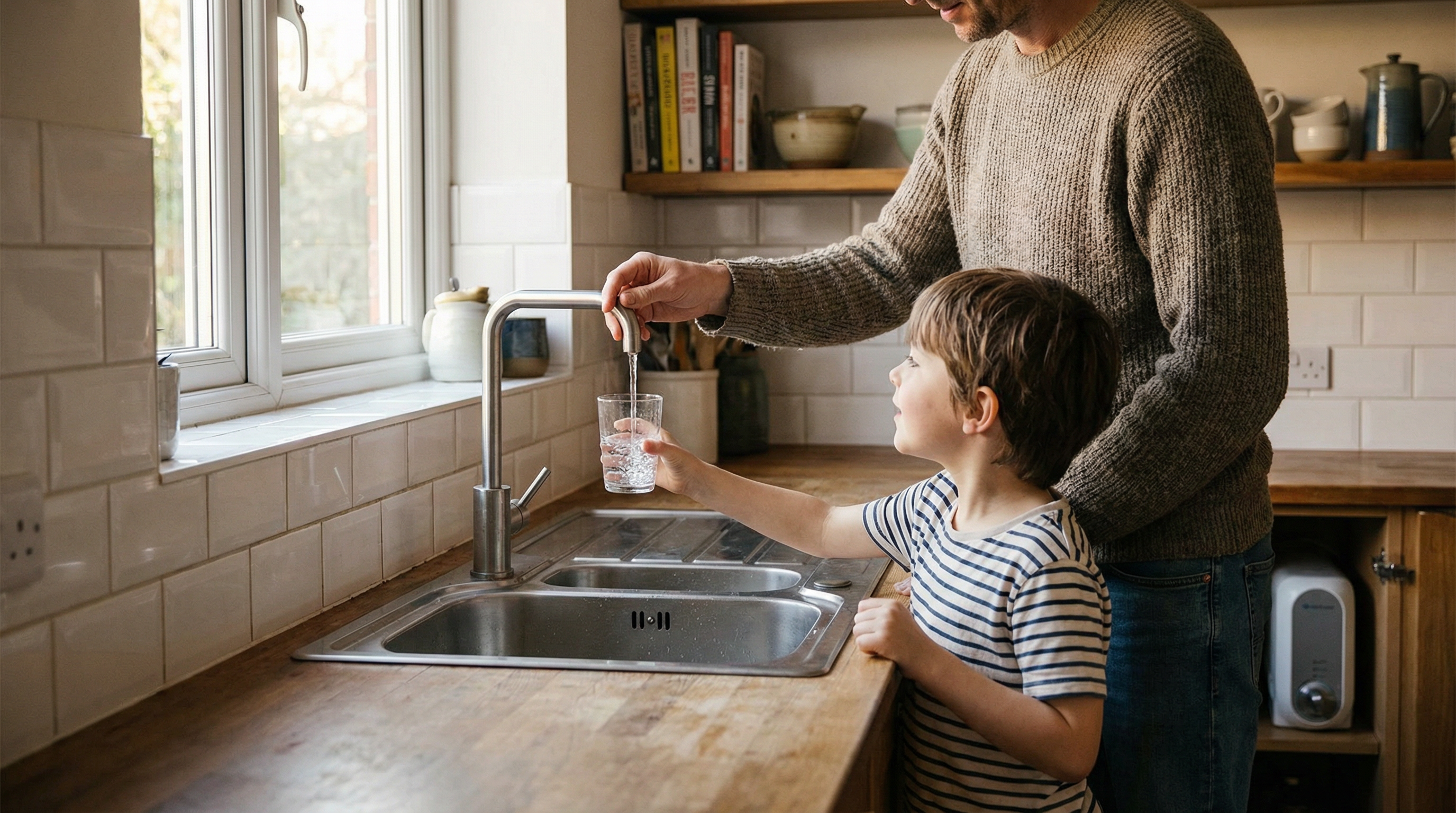 Family in UK kitchen with filtered water
